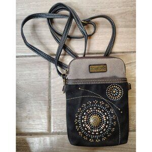 Chala Brown Black Suede Crossbody Purse, Metal Flower Embellishment Zip Close